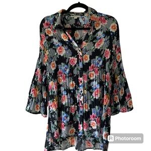 SUNNY LEIGH Women’s Button Down Blouse V-neck Vibrant‎ Floral Accordion Pleats M